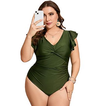 Plus Size One Piece Swimsuit for Women Ruffle Sleeve V Neck Twist Front Tummy Control Bathing Suit