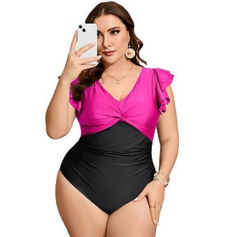 Plus Size One Piece Swimsuit for Women Ruffle Sleeve V Neck Twist Front Tummy Control Bathing Suit