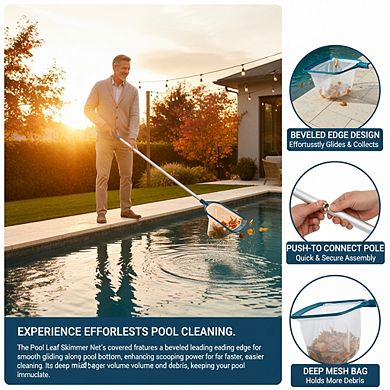 Upgraded Pool Leaf Skimmer with Adjustable Pole & Medium Fine Nylon Mesh for Pools & Spas