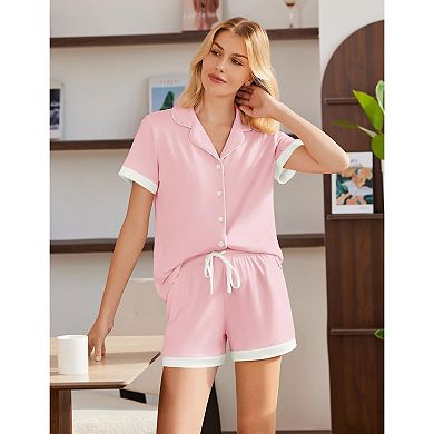 Ekouaer Womens Button Down Pajamas Set Color Block Short Sleeve Sleepwear Summer Soft 2 Piece