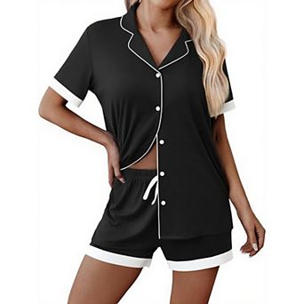Ekouaer Womens Button Down Pajamas Set Color Block Short Sleeve Sleepwear Summer Soft 2 pc