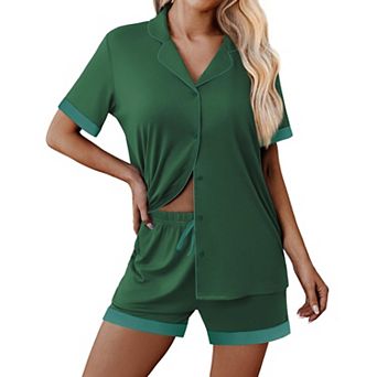 Ekouaer Womens Button Down Pajamas Set Color Block Short Sleeve Sleepwear Summer Soft 2 pc