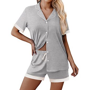 Ekouaer Womens Button Down Pajamas Set Color Block Short Sleeve Sleepwear Summer Soft 2 pc