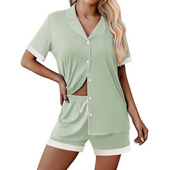Ekouaer Womens Button Down Pajamas Set Color Block Short Sleeve Sleepwear Summer Soft 2 pc