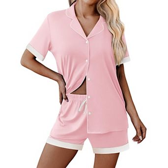 Ekouaer Womens Button Down Pajamas Set Color Block Short Sleeve Sleepwear Summer Soft 2 pc
