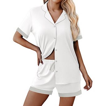 Ekouaer Womens Button Down Pajamas Set Color Block Short Sleeve Sleepwear Summer Soft 2 pc