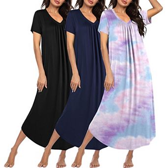 Ekouaer 3 pc Long Nightgowns for Women House Dress Short Sleeve Night Gown V Neck Casual Nightshirt