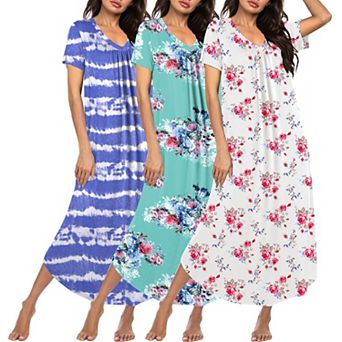 Ekouaer 3 pc Long Nightgowns for Women House Dress Short Sleeve Night Gown V Neck Casual Nightshirt