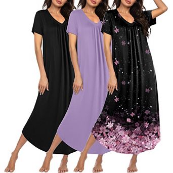 Ekouaer 3 pc Long Nightgowns for Women House Dress Short Sleeve Night Gown V Neck Casual Nightshirt