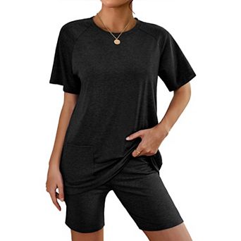 Ekouaer Women's 2 pc Short-Sleeve Pocket Tee & Biker Shorts Lounge Outfit
