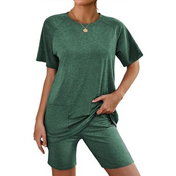 Ekouaer Women's 2 pc Short-Sleeve Pocket Tee & Biker Shorts Lounge Outfit