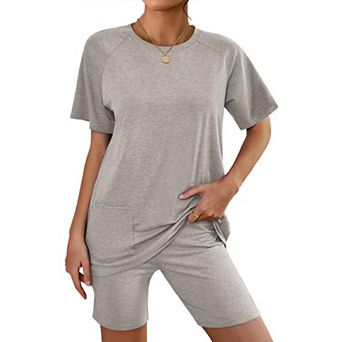 Ekouaer Two Piece Sets for Women Summer Outfits Lounge Set Crew Neck Tshirts Biker Short Sweatsuit