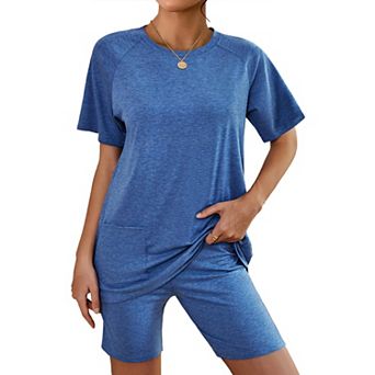 Ekouaer Women's 2 pc Short-Sleeve Pocket Tee & Biker Shorts Lounge Outfit
