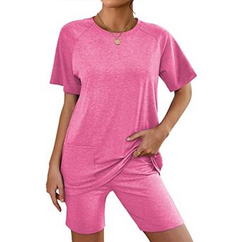 Ekouaer Two Piece Sets for Women Summer Outfits Lounge Set Crew Neck Tshirts Biker Short Sweatsuit