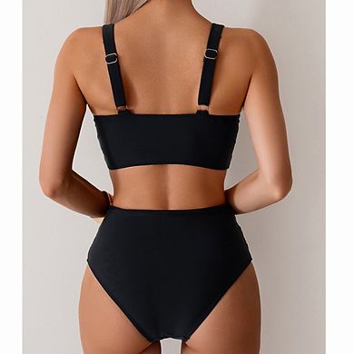 Women's High Waisted Bikini Set Twist Front Two Piece Swimsuit Lace Up Tie Back Bathing Suits
