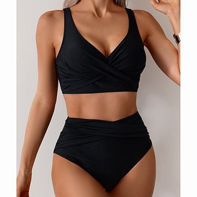 Women's High Waisted Bikini Set Twist Front Two Piece Swimsuit Lace Up Tie Back Bathing Suits