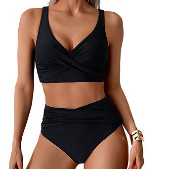 Women's High Waisted Bikini Set Twist Front Two Piece Swimsuit Lace Up Tie Back Bathing Suits
