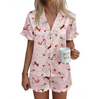 Ekouaer Pajama for Women Short Sleeve Silky Pj Short Set Bow Front Tie Up Loungewear Sleepwear