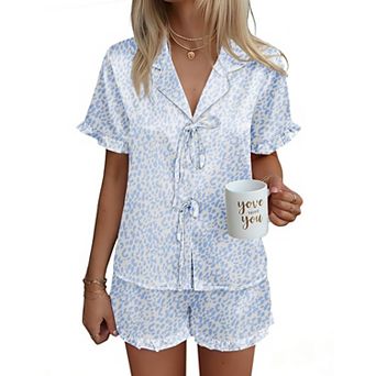 Ekouaer Pajama for Women Short Sleeve Silky Pj Short Set Bow Front Tie Up Loungewear Sleepwear