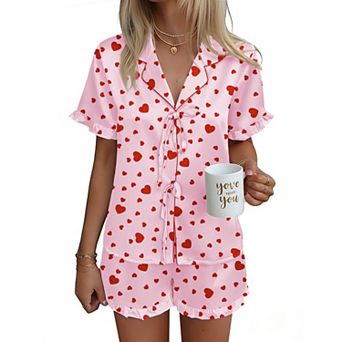Ekouaer Women’s Silky Pajama Short Set Short Sleeve Top with Bow Front