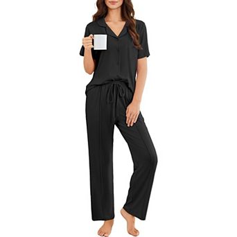 Ekouaer Pajamas for Women Set Button Up Sleepswear 2 pc Short Sleeve PJ Top and Long Pants