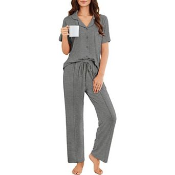 Ekouaer Pajamas for Women Set Button Up Sleepswear 2 pc Short Sleeve PJ Top and Long Pants