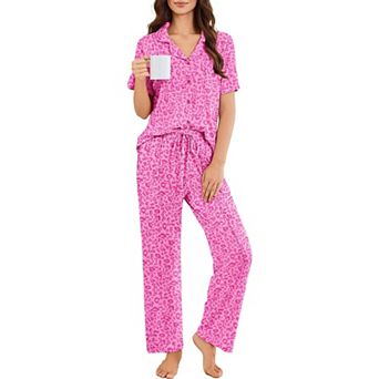Ekouaer Pajamas for Women Set Button Up Sleepswear 2 pc Short Sleeve PJ Top and Long Pants