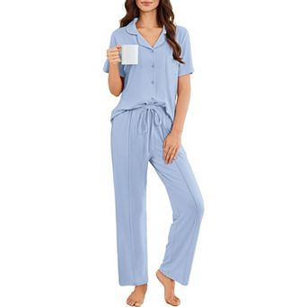 Ekouaer Pajamas for Women Set Button Up Sleepswear 2 pc Short Sleeve PJ Top and Long Pants