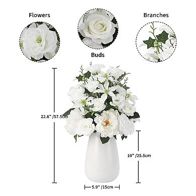 Artificial White Rose & Mixed Floral Arrangement in Ceramic Vase, Lifelike Flower Arrangement