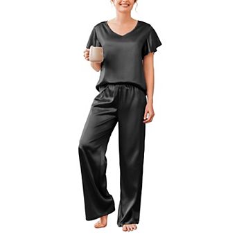 Ekouaer Women's Satin Silky Pajama Set 2 pc Short Sleeve Shirt with Long Pants Pjs Sets Soft PJ