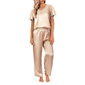 Ekouaer Women's Satin Silky Pajama Set 2 pc Short Sleeve Shirt with Long Pants Pjs Sets Soft PJ