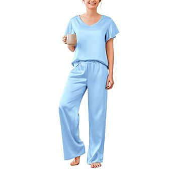 Ekouaer Women's Satin Silky Pajama Set 2 pc Short Sleeve Shirt with Long Pants Pjs Sets Soft PJ