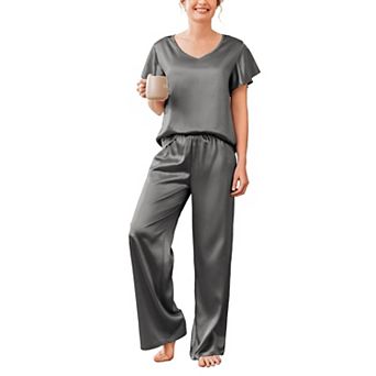 Ekouaer Women's Satin Silky Pajama Set 2 pc Short Sleeve Shirt with Long Pants Pjs Sets Soft PJ