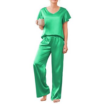 Ekouaer Women's Satin Silky Pajama Set 2 pc Short Sleeve Shirt with Long Pants Pjs Sets Soft PJ
