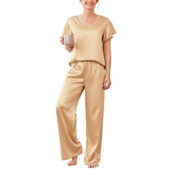 Ekouaer Women's Satin Silky Pajama Set 2 pc Short Sleeve Shirt with Long Pants Pjs Sets Soft PJ