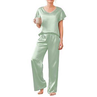Ekouaer Women's Satin Silky Pajama Set 2 pc Short Sleeve Shirt with Long Pants Pjs Sets Soft PJ