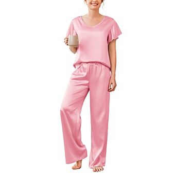 Ekouaer Women's Satin Silky Pajama Set 2 pc Short Sleeve Shirt with Long Pants Pjs Sets Soft PJ