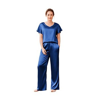 Ekouaer Women's Satin Silky Pajama Set 2 pc Short Sleeve Shirt with Long Pants Pjs Sets Soft PJ
