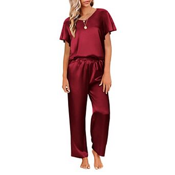 Ekouaer Women's Satin Silky Pajama Set 2 pc Short Sleeve Shirt with Long Pants Pjs Sets Soft PJ