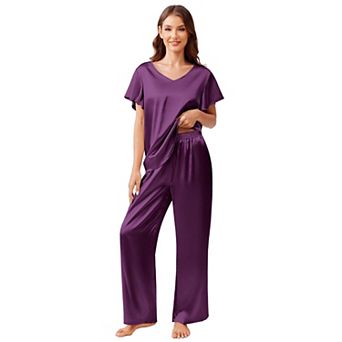 Ekouaer Women's Satin Silky Pajama Set 2 pc Short Sleeve Shirt with Long Pants Pjs Sets Soft PJ