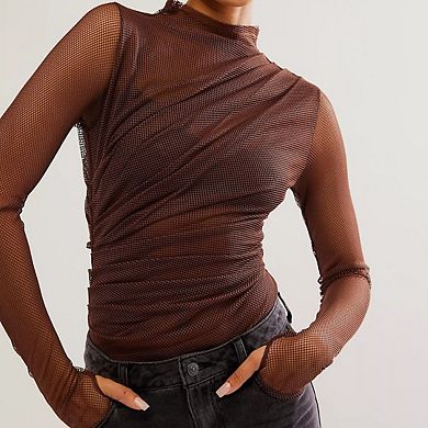 Women's Sheer Mesh Ruched Mock Neck Long Sleeve Leotard Bodysuit