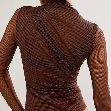 Women's Sheer Mesh Ruched Mock Neck Long Sleeve Leotard Bodysuit