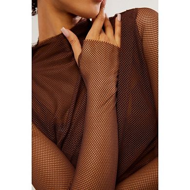 Women's Sheer Mesh Ruched Mock Neck Long Sleeve Leotard Bodysuit