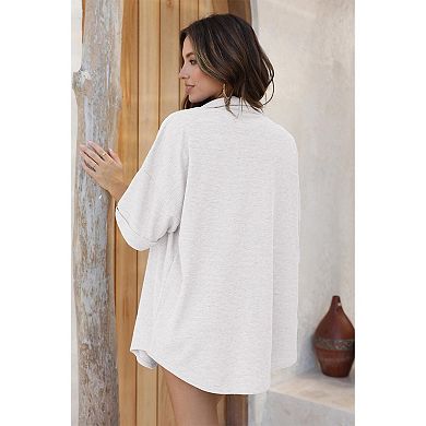 Ekouaer Waffle Knit Lounge Sets for Women Short Sleeve Pajamas Button Down Pjs Oversized Loungewear