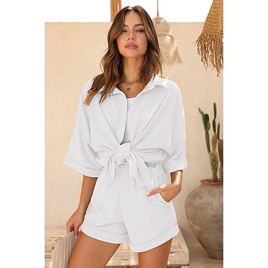 Ekouaer Waffle Knit Lounge Sets for Women Short Sleeve Pajamas Button Down Pjs Oversized Loungewear