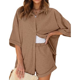 Ekouaer Waffle Knit Lounge Sets for Women Short Sleeve Pajamas Button Down Pjs Oversized Loungewear