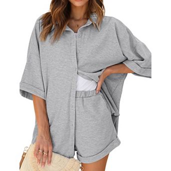 Ekouaer Waffle Knit Lounge Sets for Women Short Sleeve Pajamas Button Down Pjs Oversized Loungewear