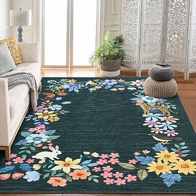 Botanical Washable Rug Machine Washable Non-Slip Carpet for Home