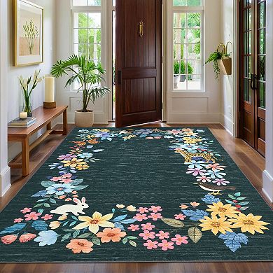 Botanical Washable Rug Machine Washable Non-Slip Carpet for Home