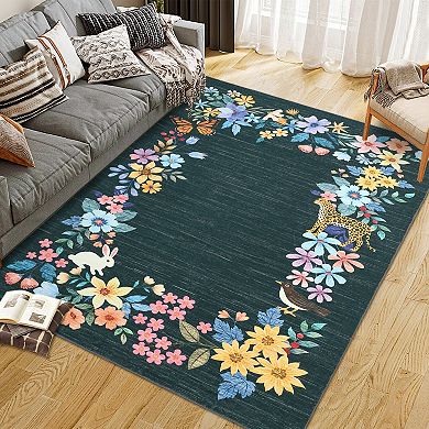 Botanical Washable Rug Machine Washable Non-Slip Carpet for Home